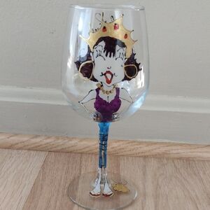 Wine Princess Hand Painted Wine Glass Wearing Crown, Jeans, & Sandals Signed